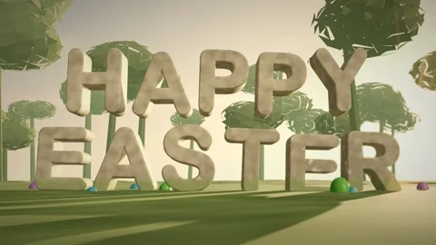Happy Easter Pale Stone Letters on a Spring Meadow at Sunrise with Painted Eggs Stock Footage 342367591