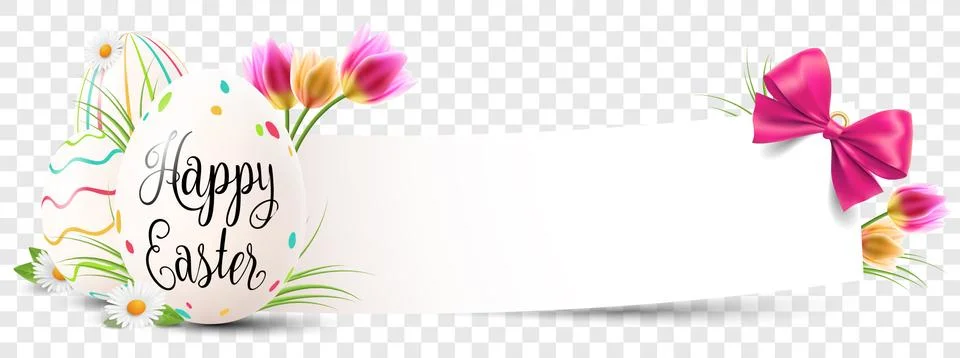Happy easter paper banner with easter eggs and flowers transparent isolated Stock Illustration