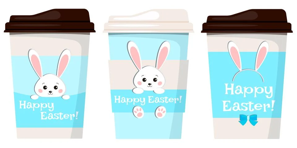 Happy Easter paper coffee or tea cups decorated cute white easter bunny rabbi Stock Illustration