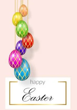 Happy Easter pastel background, decorative text, hanging eggs. Greeting Easte Illustrazione stock