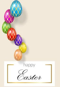 Happy Easter pastel background, decorative text, hanging eggs. Greeting Easte 스톡 일러스트