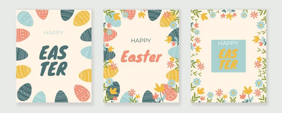 Happy Easter pastel set of greeting cards, posters and banners with colorfu.. Stockillustratie