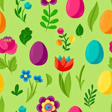Happy Easter pattern. Cute bunnies, eggs and flowers for celebration. Stock Illustration