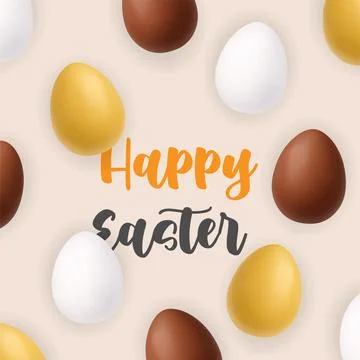 Happy Easter pattern with gold, white and chocolate eggs. 3D realistic spring Stockillustratie