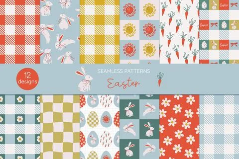 Happy Easter pattern set. Backgrounds with bunny, eggs, carrot, flowers. Stock Illustration