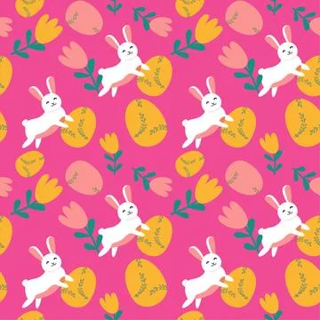 Happy easter patterns with bunnies, eggs, and flowers for festive designs Stock Illustration
