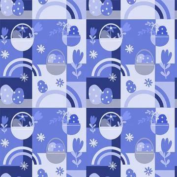 Happy easter patterns with decorative eggs and baskets theme for festive designs Stock Illustration