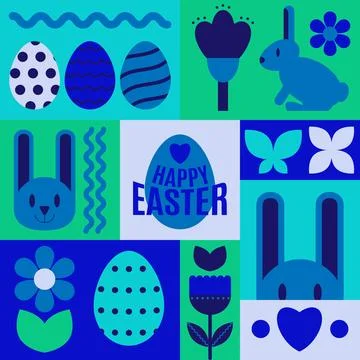 Happy Easter. Patterns. Modern geometric abstract style. Easter eggs, rabbit. 库存插图