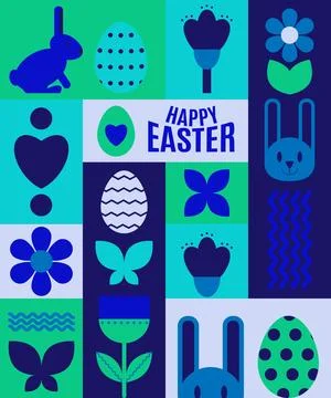 Happy Easter. Patterns. Modern geometric abstract style. Easter eggs, rabbi.. 库存插图