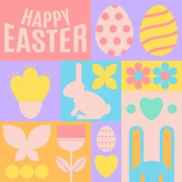 Happy Easter. Patterns. Modern geometric abstract style. Easter eggs, rabbi.. 库存插图