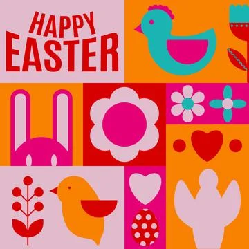 Happy Easter. Patterns. Modern geometric abstract style. Easter eggs, rabbit. 库存插图