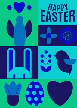 Happy Easter. Patterns. Modern geometric abstract style. Easter eggs, rabbi.. 库存插图