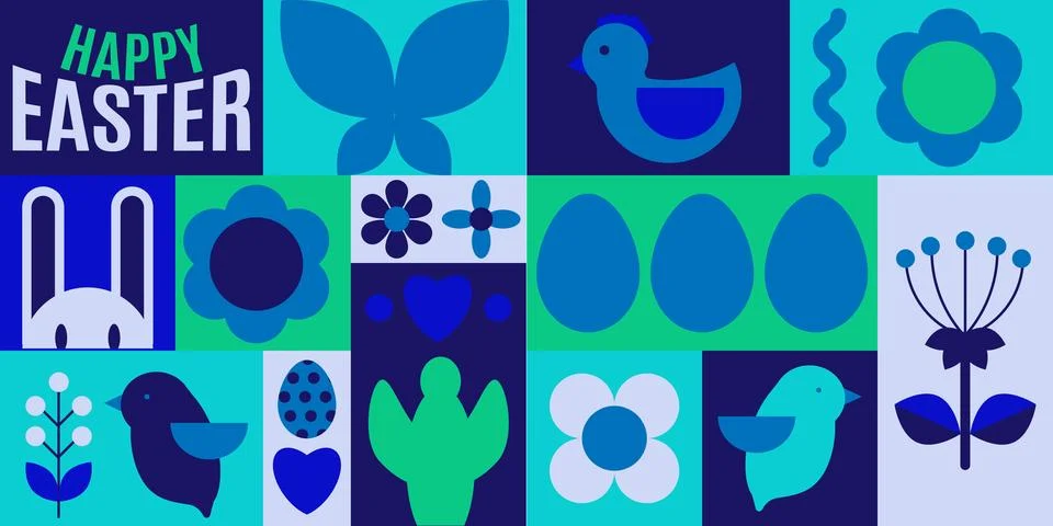 Happy Easter. Patterns. Modern geometric style. Easter eggs, rabbit Stock Illustration