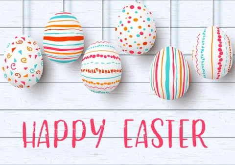 Happy Easter. pending easter eggs on white wooden background. Easter colorful Stock Illustration