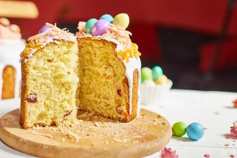 Happy Easter, A piece of cut Easter cake for the holiday Stock Photos