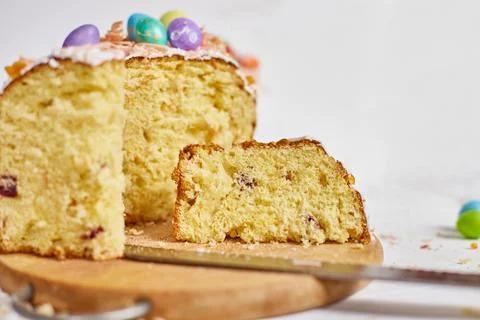 Happy Easter, A piece of cut Easter cake for the holiday Stock Photos