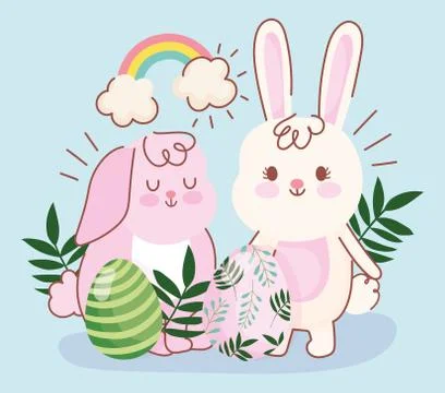 Happy easter pink and white bunnies eggs foliage decoration Stock Illustration