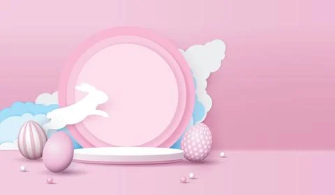 Happy Easter pink background and paper art podium display for product prese.. Illustrazione stock