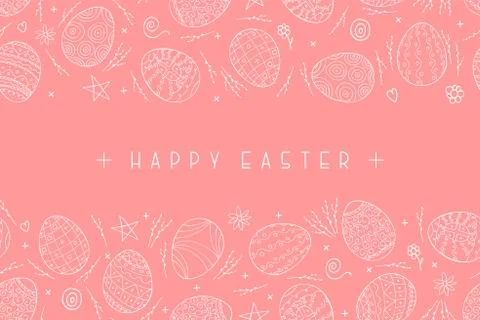 Happy easter pink background with ornamental eggs - hand drawn design. Vector Stock Illustration