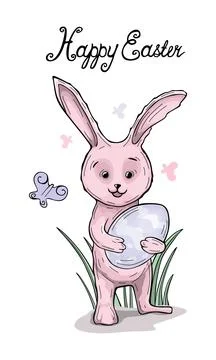 Happy Easter pink bunny holding an egg in its paws Stock Illustration