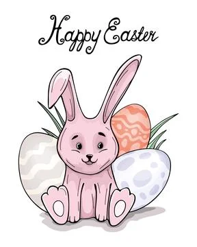 Happy Easter pink bunny sitting with painted eggs Stock Illustration
