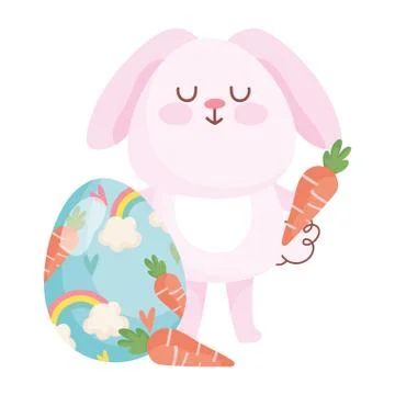 Happy easter pink rabbit with carrots and painted egg rainbow decoration Stock Illustration