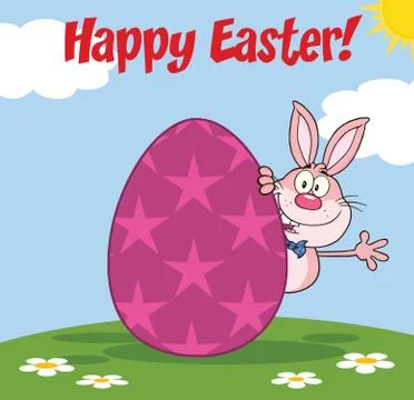 Happy Easter From Pink Rabbit Character Waving Behind Egg. Stock-Illustration
