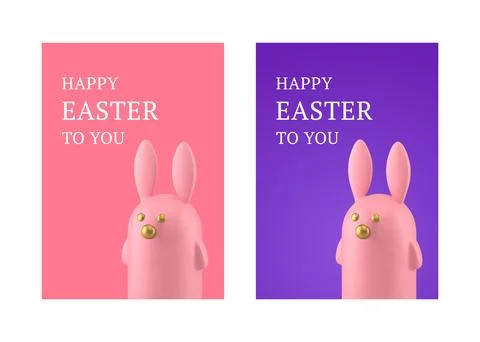 Happy Easter pink rabbit character 3d greeting card set design template reali Stock Illustration