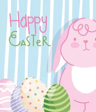 Happy easter pink rabbit with eggs striped background Stock Illustration