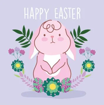 Happy easter pink rabbit flowers foliage decoration Illustrazione stock