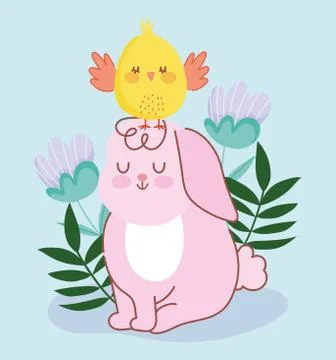Happy easter pink rabbit sitting with chicken in head flowers decoration Stock Illustration