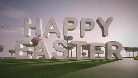 Happy Easter Porcelain 3D Text in a Blossom Orchard with a Bunny Stock Illustration