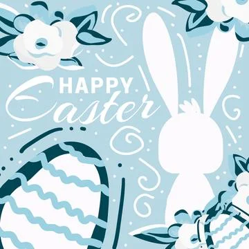 Happy Easter postcard with bunny silhouette, eggs, lettering, floral decora.. Stock Illustration