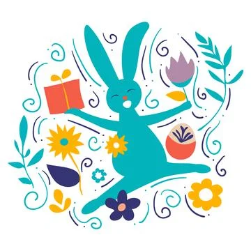 Happy Easter postcard with bunny silhouette, lettering, eggs, floral decora.. Иллюстрация