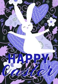 Happy Easter postcard with bunny silhouette, floral decoration and lettering. Stock Illustration