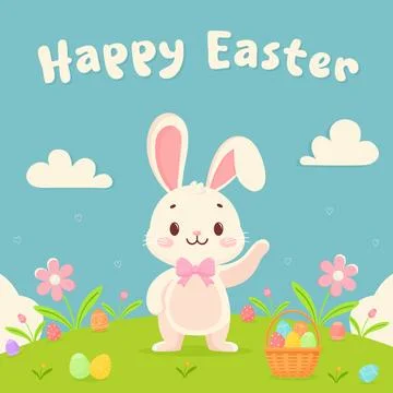 Happy Easter postcard with cute bunny and Easter eggs flat vector illustratio 스톡 일러스트
