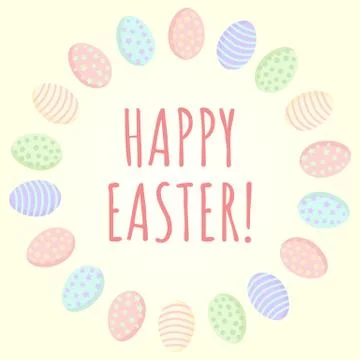 Happy Easter postcard with Easter eggs wreath in pastel colors. Cute Ostara c Stock Illustration