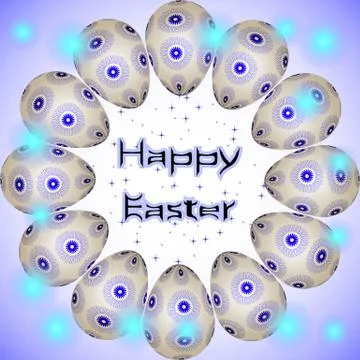 Happy Easter postcard with eggs in circle, little blue stars and transparent Stock Illustration