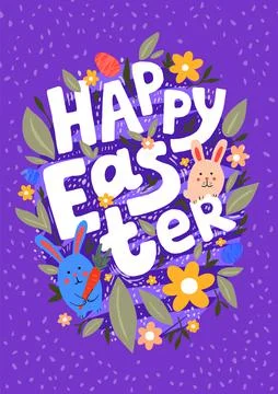 Happy Easter postcard. Flat illustration with easter bunnies, flowers and egg 스톡 일러스트