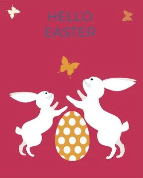 Happy easter postcard. Vector illustration with cute bunnies, egg and fluttering Stock Illustration