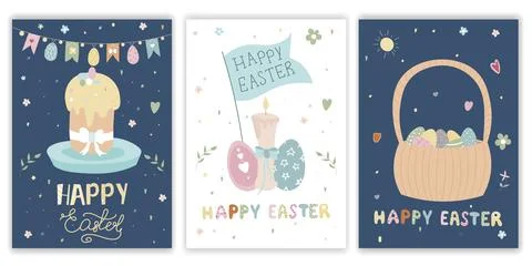 Happy Easter postcards. A set of vector Easter illustrations. Easter eggs, cakes Illustrazione stock