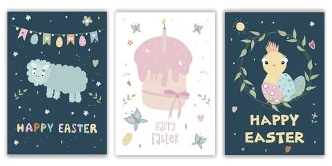 Happy Easter postcards. A set of vector Easter illustrations. Easter cake, lamb Stock Illustration