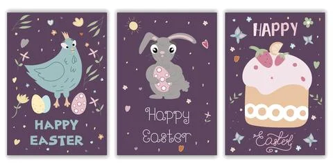 Happy Easter postcards. A set of vector Easter illustrations. Easter eggs, bunny Stockillustratie