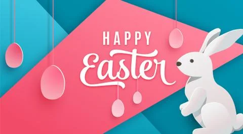 Happy easter poster background. Holiday greeting in paper cut 3d origami style Stock Illustration
