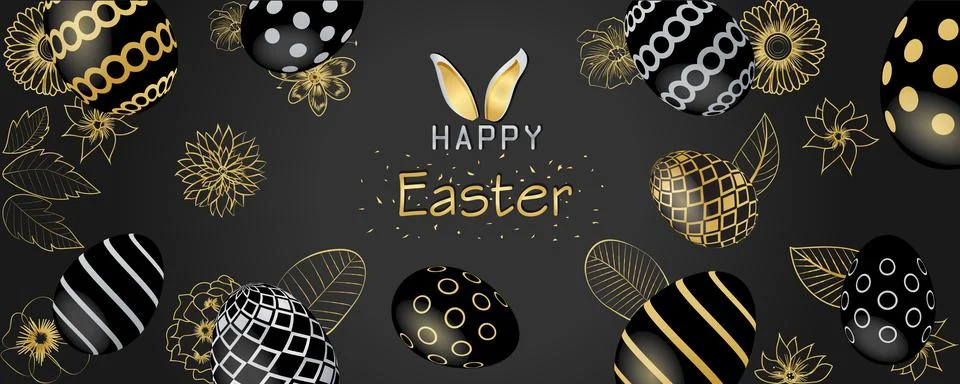 Happy Easter Poster Banner Spring theme with Easter eggs, flowers, and leaves Stock Illustration