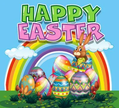 Happy Easter poster with bunny and colorful eggs Stock Illustration