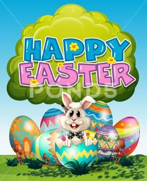 Happy Easter Poster With Bunny And Eggs On Grass