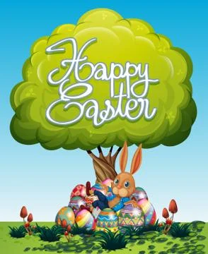 Happy Easter poster with bunny and eggs under the tree Stock Illustration