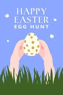 Happy Easter poster. Bunny hunting Easter egg, spring meadow イラスト素材