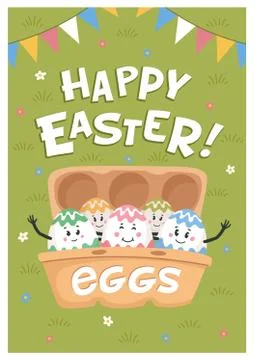 Happy easter poster. Colored eggs with cute faces in carton box. Stock Illustration